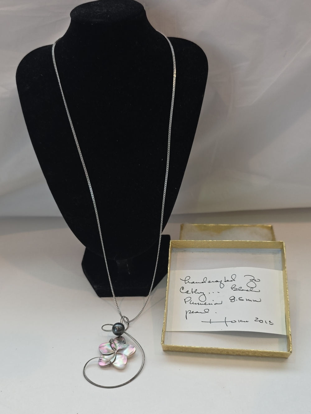 Hoku Handcrafted Plumeria Flower Necklace With Black Pearl On Silvertone Chain